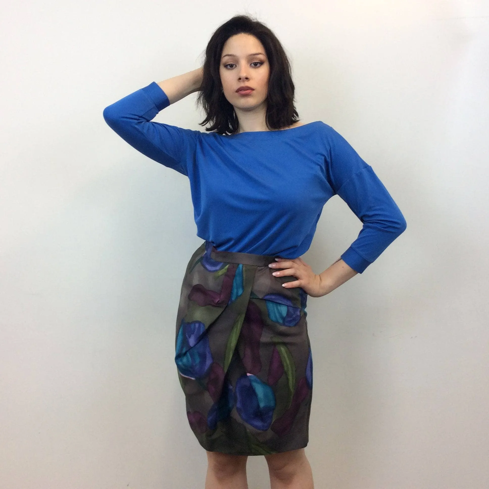 2000s KENZO Draped Floral Print Silk Skirt Medium