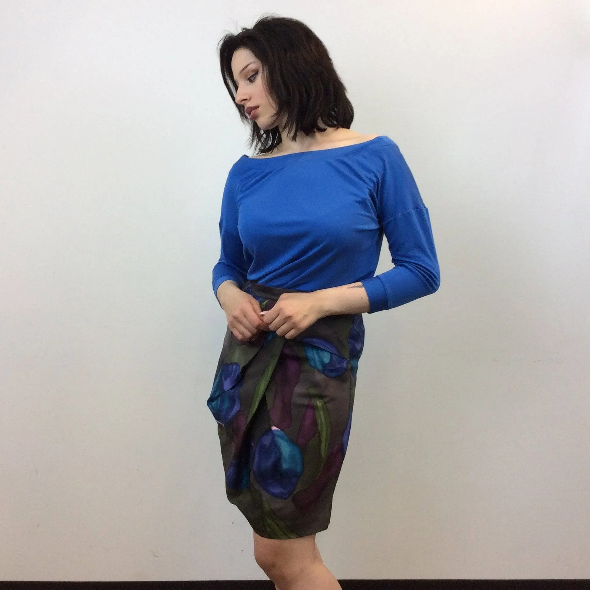 2000s KENZO Draped Floral Print Silk Skirt Medium