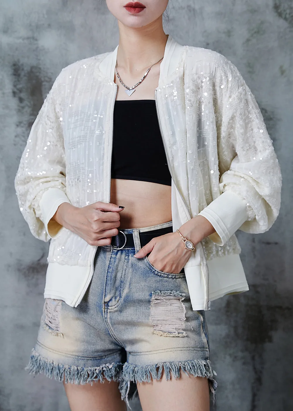 Bohemian Beige Sequins Pockets Cotton Jackets Summer QA1002