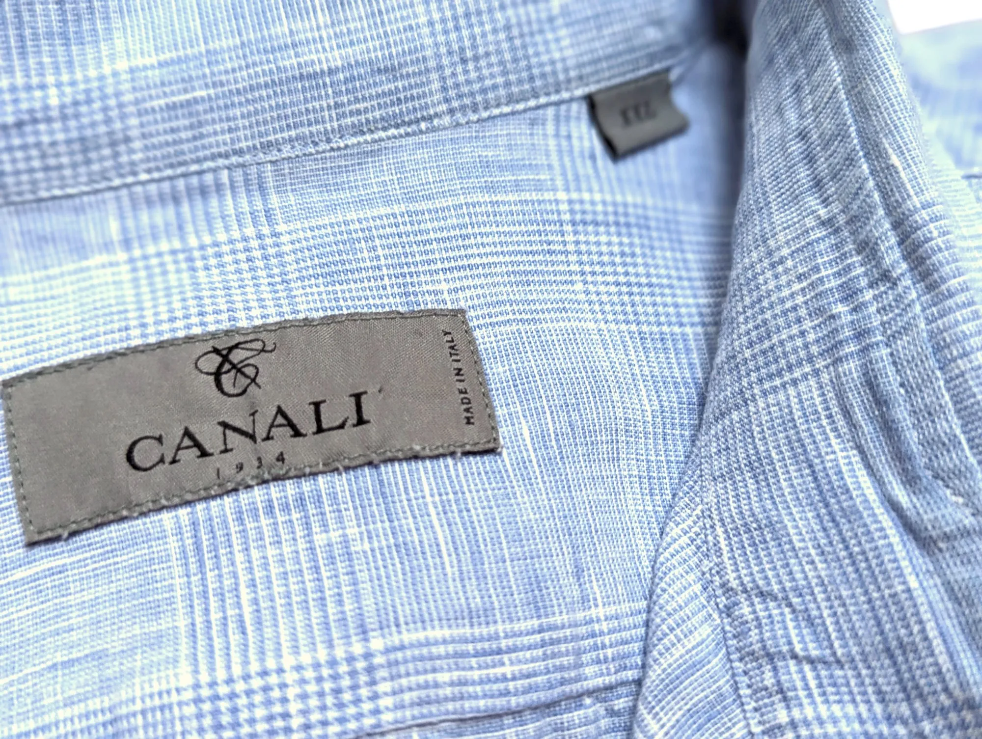 Canali Sport Shirt XXL Blue Plaid Linen