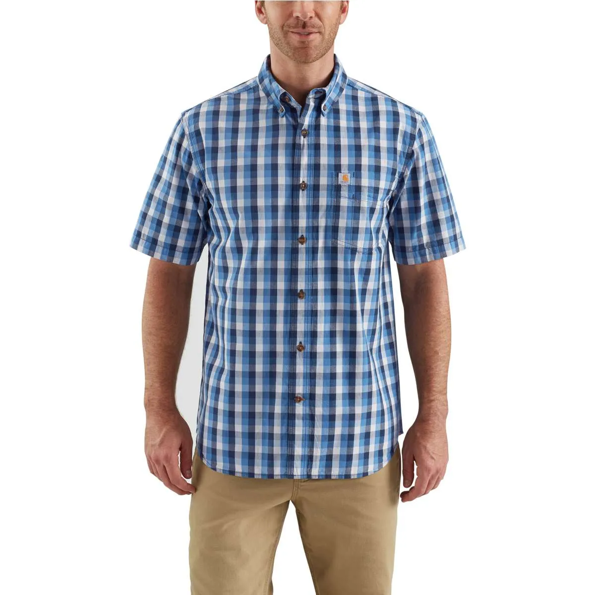 Carhartt Men's Federal Blue Essential Plaid Button Down Short Sleeve Shirt