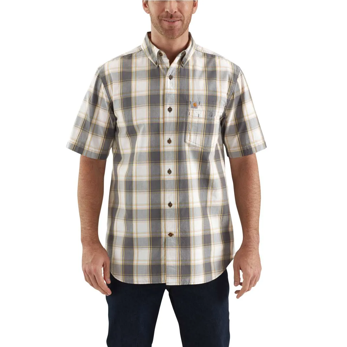 Carhartt Men's Gravel Essential Plaid Button Down Short Sleeve Shirt