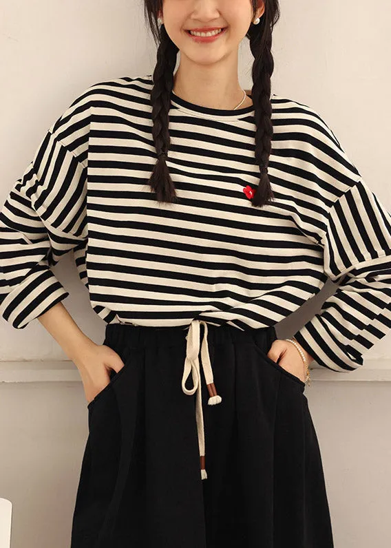 Casual Beige Black Striped O-Neck Cozy Cotton T Shirts Spring LY4528