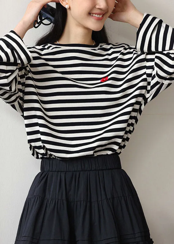 Casual Beige Black Striped O-Neck Cozy Cotton T Shirts Spring LY4528