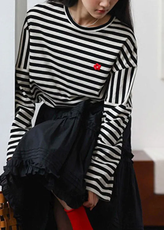 Casual Beige Black Striped O-Neck Cozy Cotton T Shirts Spring LY4528