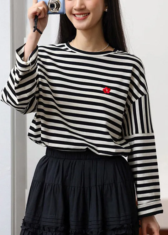 Casual Beige Black Striped O-Neck Cozy Cotton T Shirts Spring LY4528