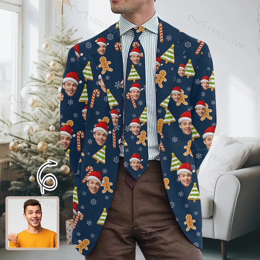Custom Face Christmas Gingerbread Blazers Ties Personalized Jacket Casual Coats For Men Women