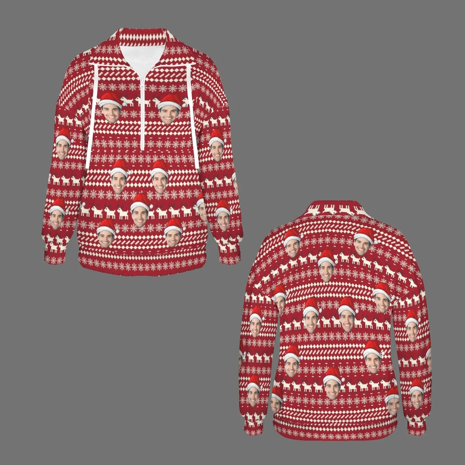 Custom Face Merry Christmas Women's Lapel Half Zip Pullover Drawstring Sweatshirts Fashion Outfits