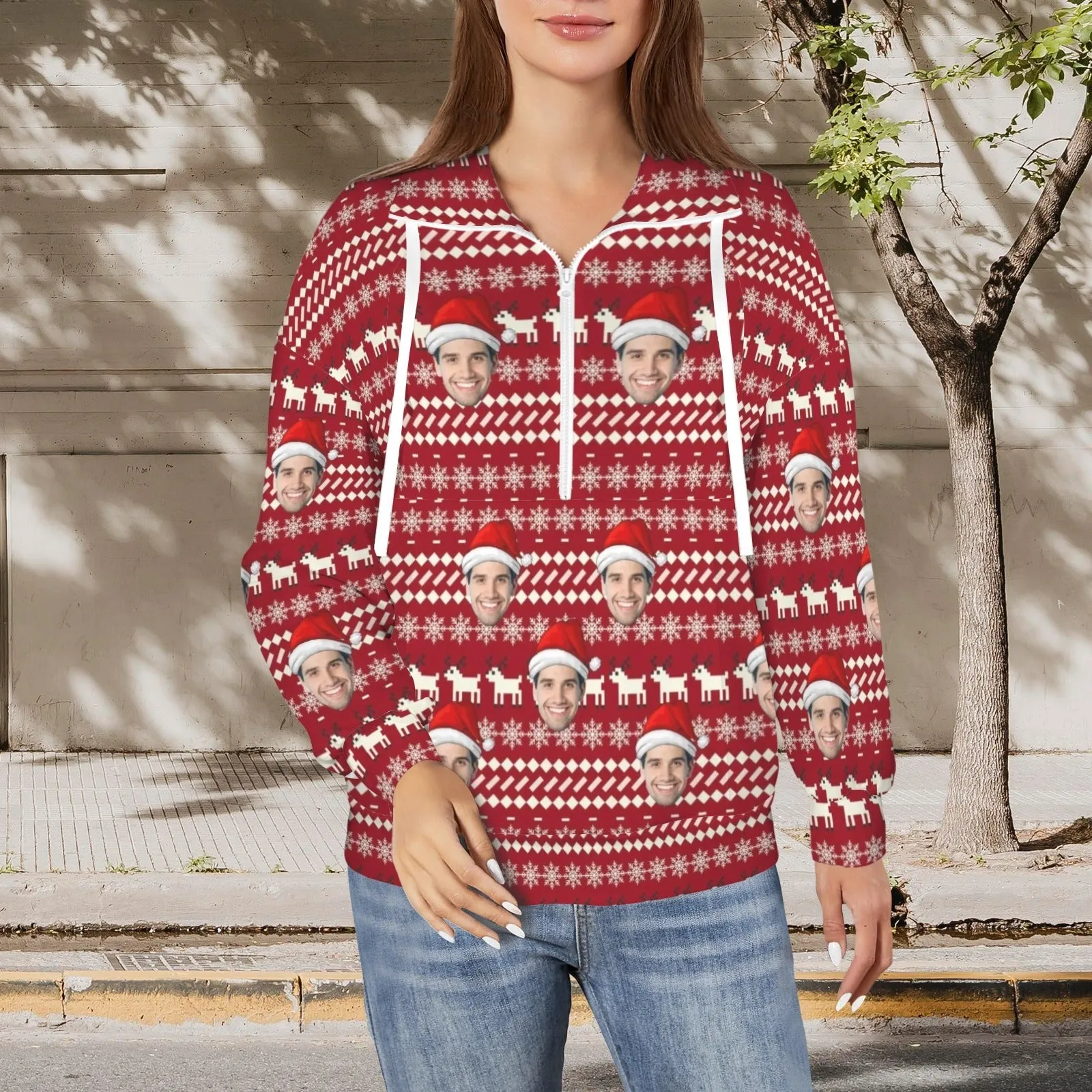 Custom Face Merry Christmas Women's Lapel Half Zip Pullover Drawstring Sweatshirts Fashion Outfits