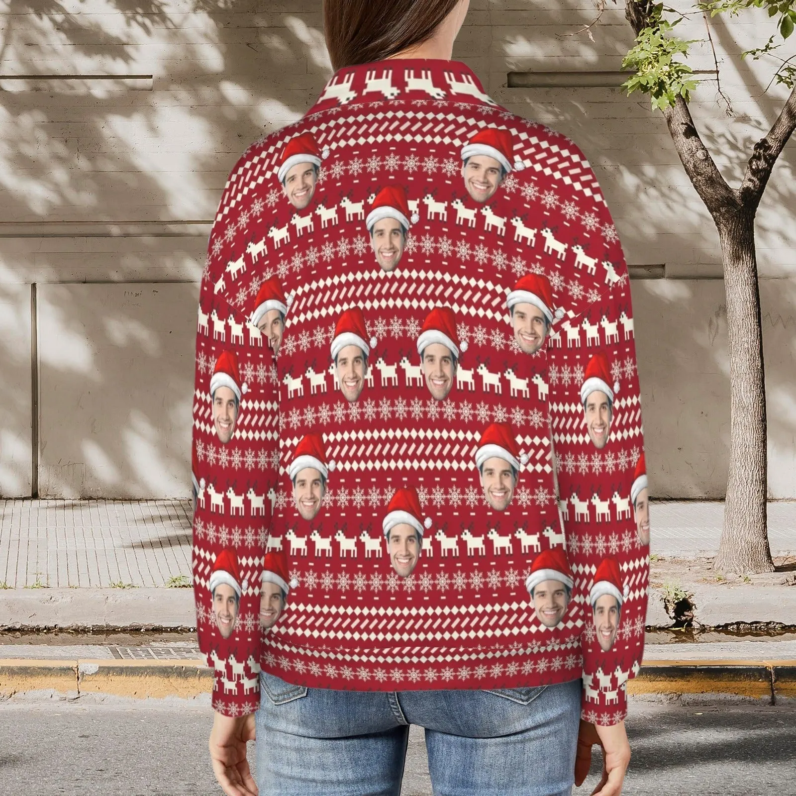 Custom Face Merry Christmas Women's Lapel Half Zip Pullover Drawstring Sweatshirts Fashion Outfits