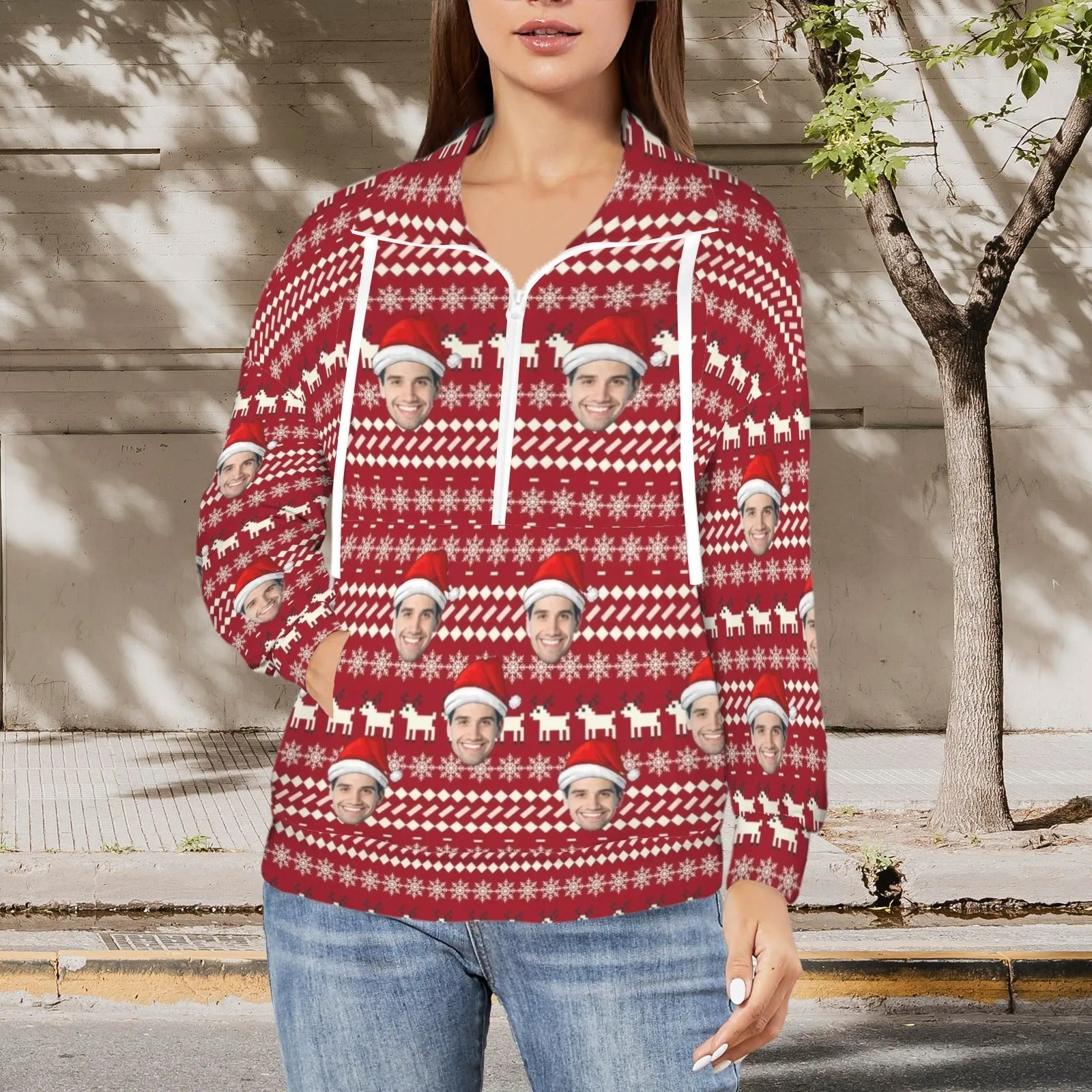 Custom Face Merry Christmas Women's Lapel Half Zip Pullover Drawstring Sweatshirts Fashion Outfits