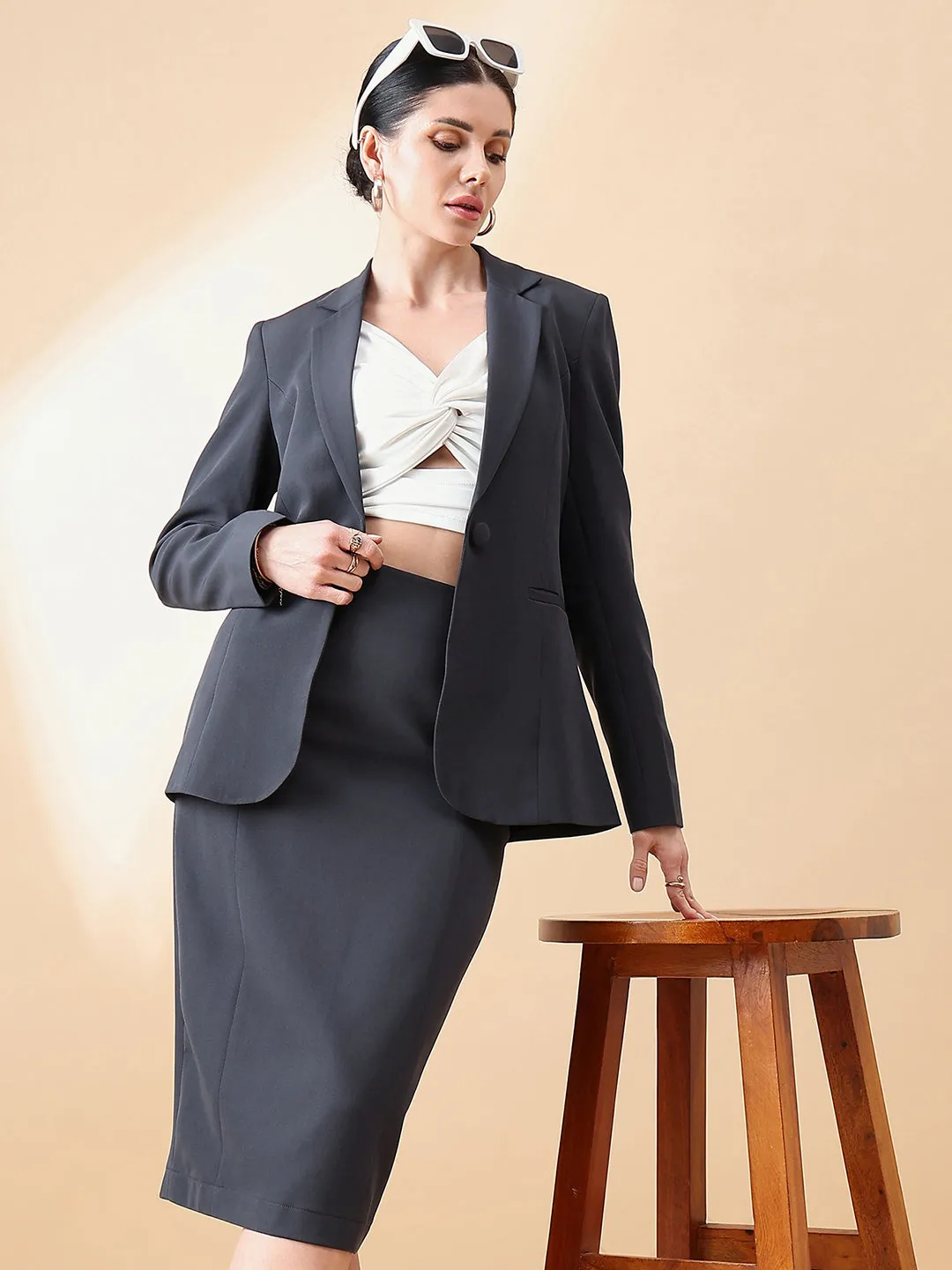 Dark Grey Polyester Notch Collar Stretch Blazer