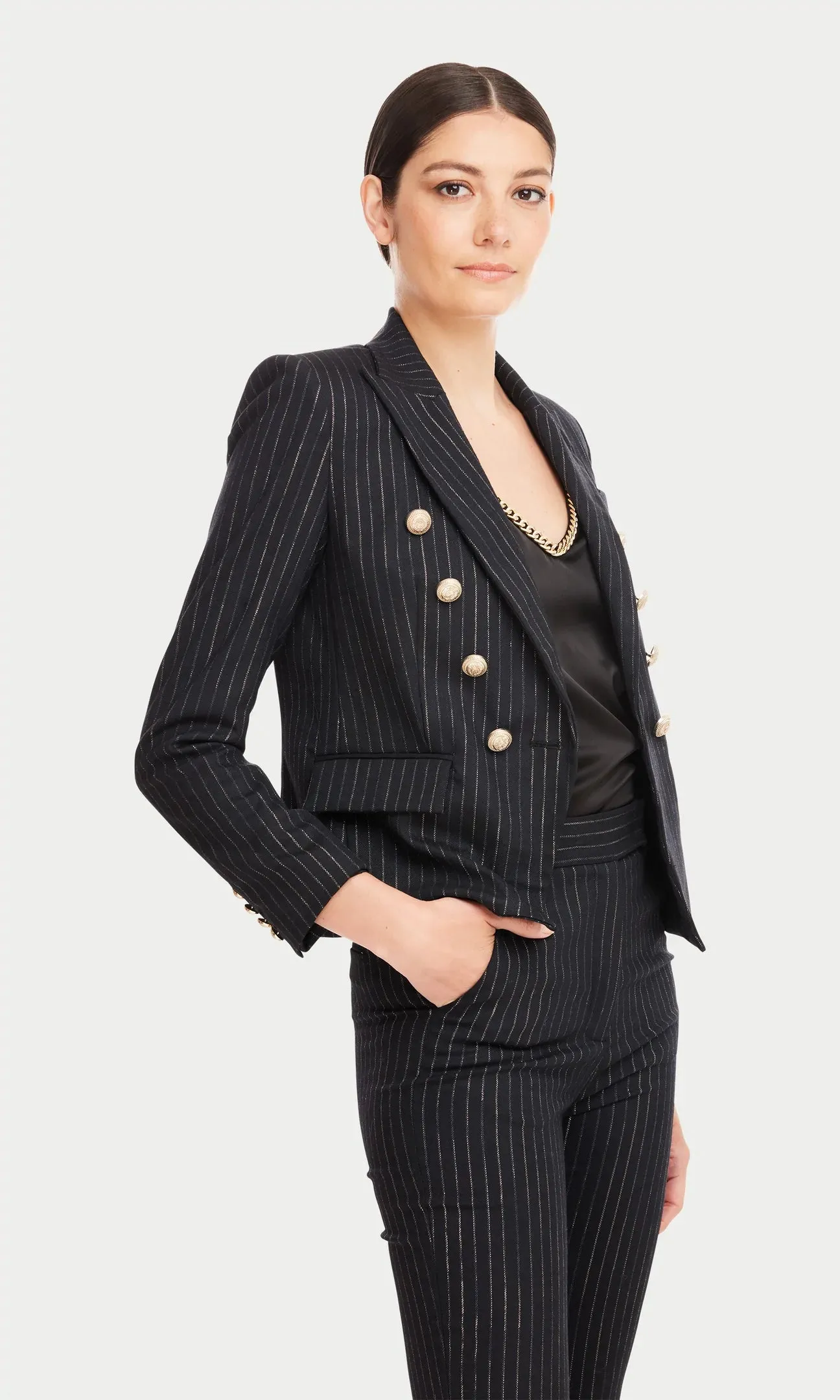 DELILAH PINSTRIPE BLAZER - BLACK/LIGHT GOLD