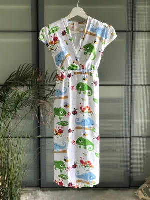 Dress for pregnancy, labor and delivery, breastfeeding, night time feeding, soft jersey cotton, flattering fit. Chameleon Lady bug. Baby boy