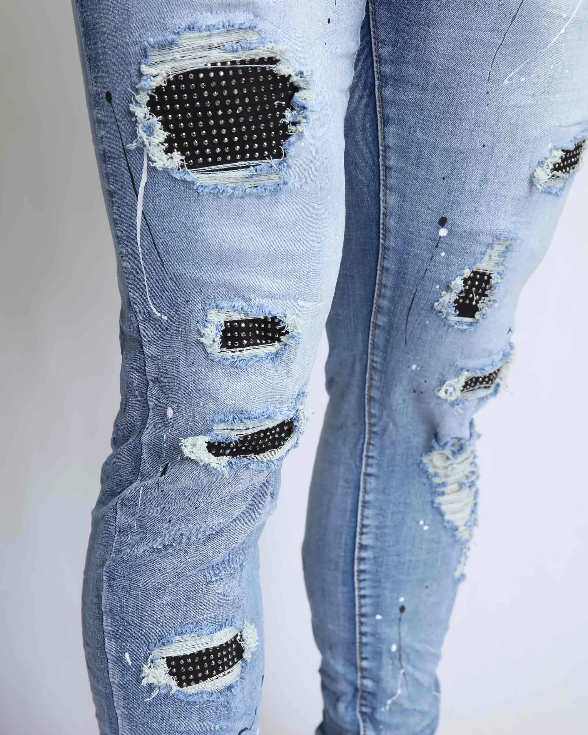 Durable Ripped Blue Jeans with Dimond Patch