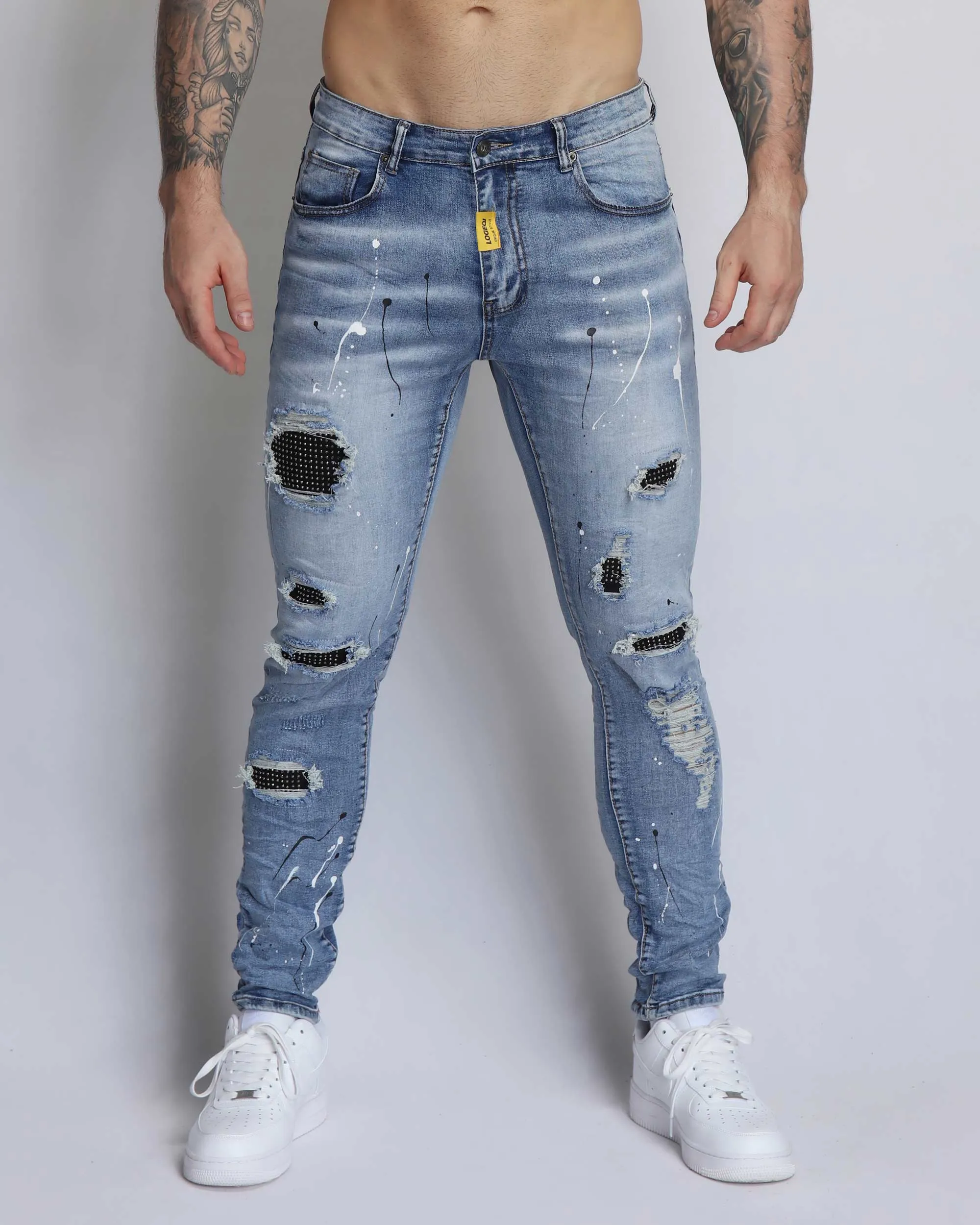 Durable Ripped Blue Jeans with Dimond Patch