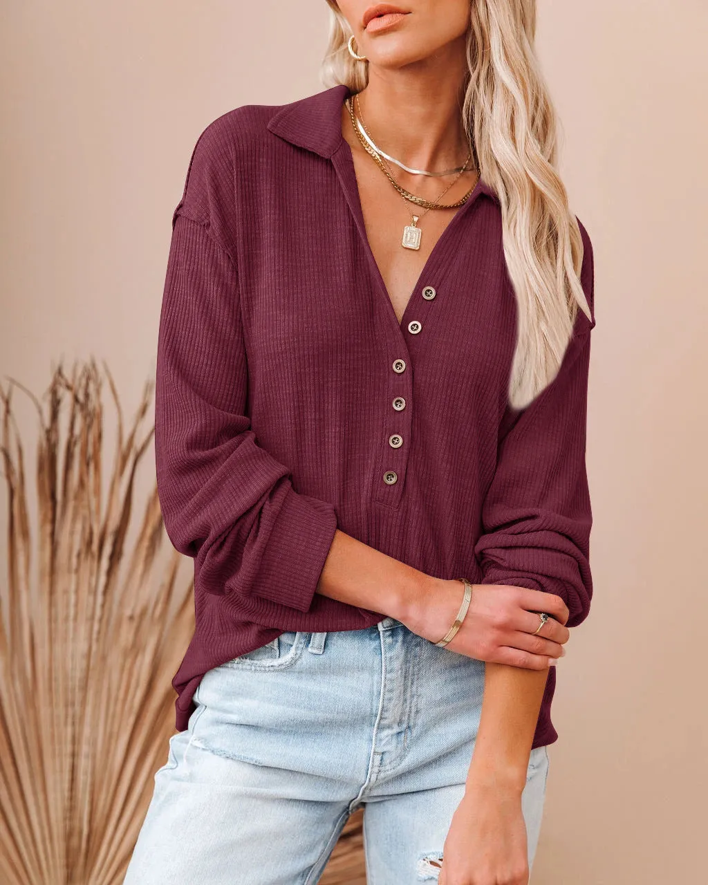 FashionSierra - Collar Half Open Button Loose Casual Top