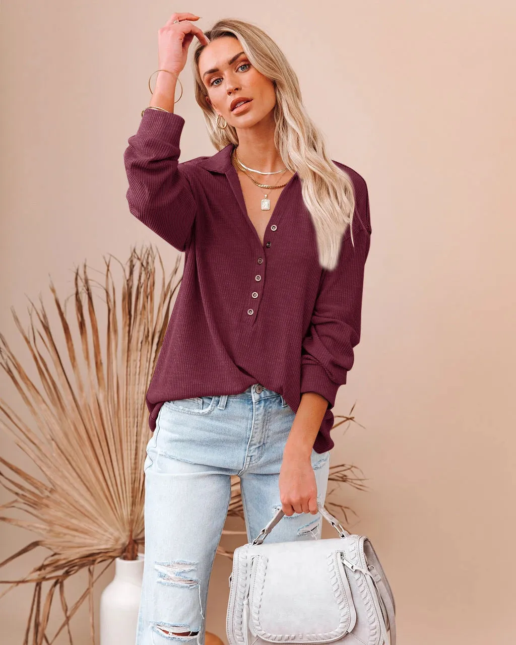 FashionSierra - Collar Half Open Button Loose Casual Top