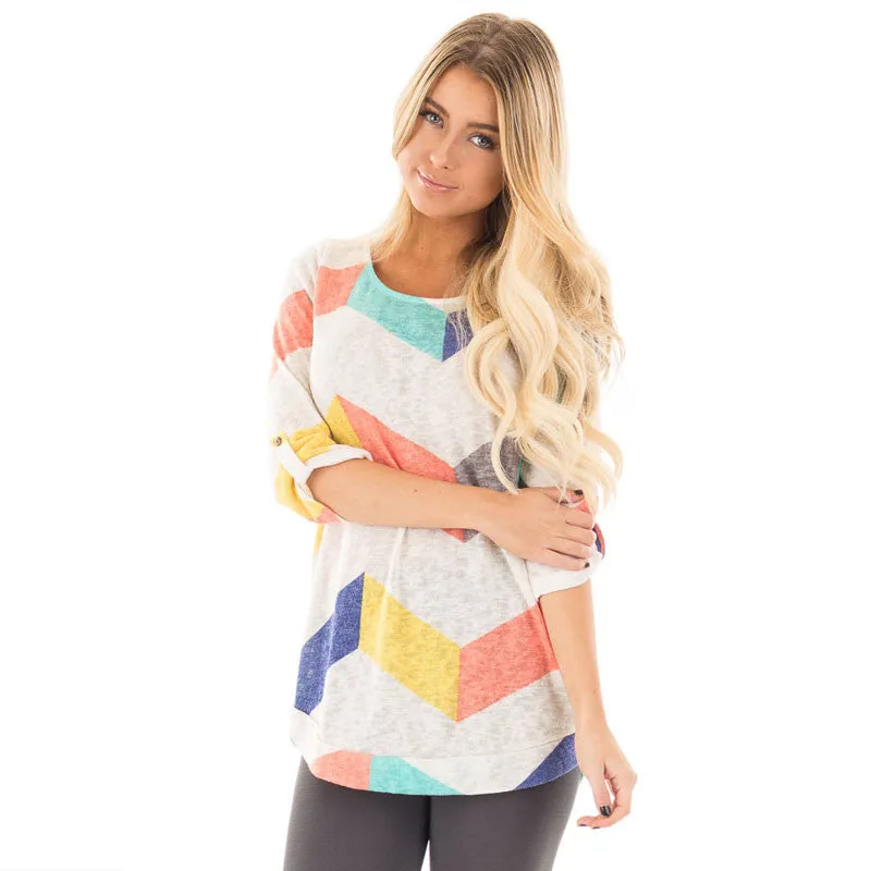 Fashoin Break Stripe Adjustable 3/4 Sleeve Scoop T-shirt