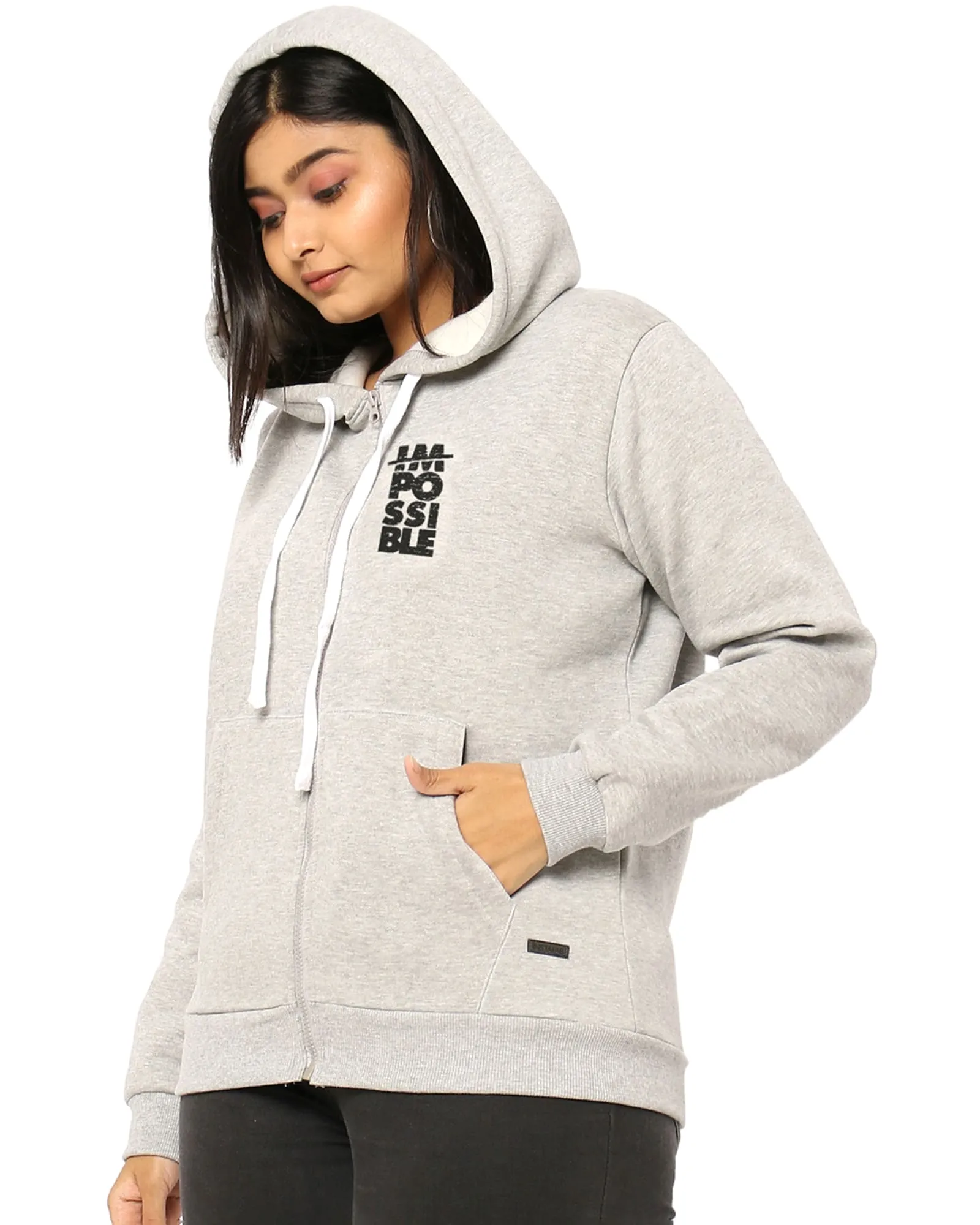 Grey Printed Front Zipper Sweatshirt | Light Grey