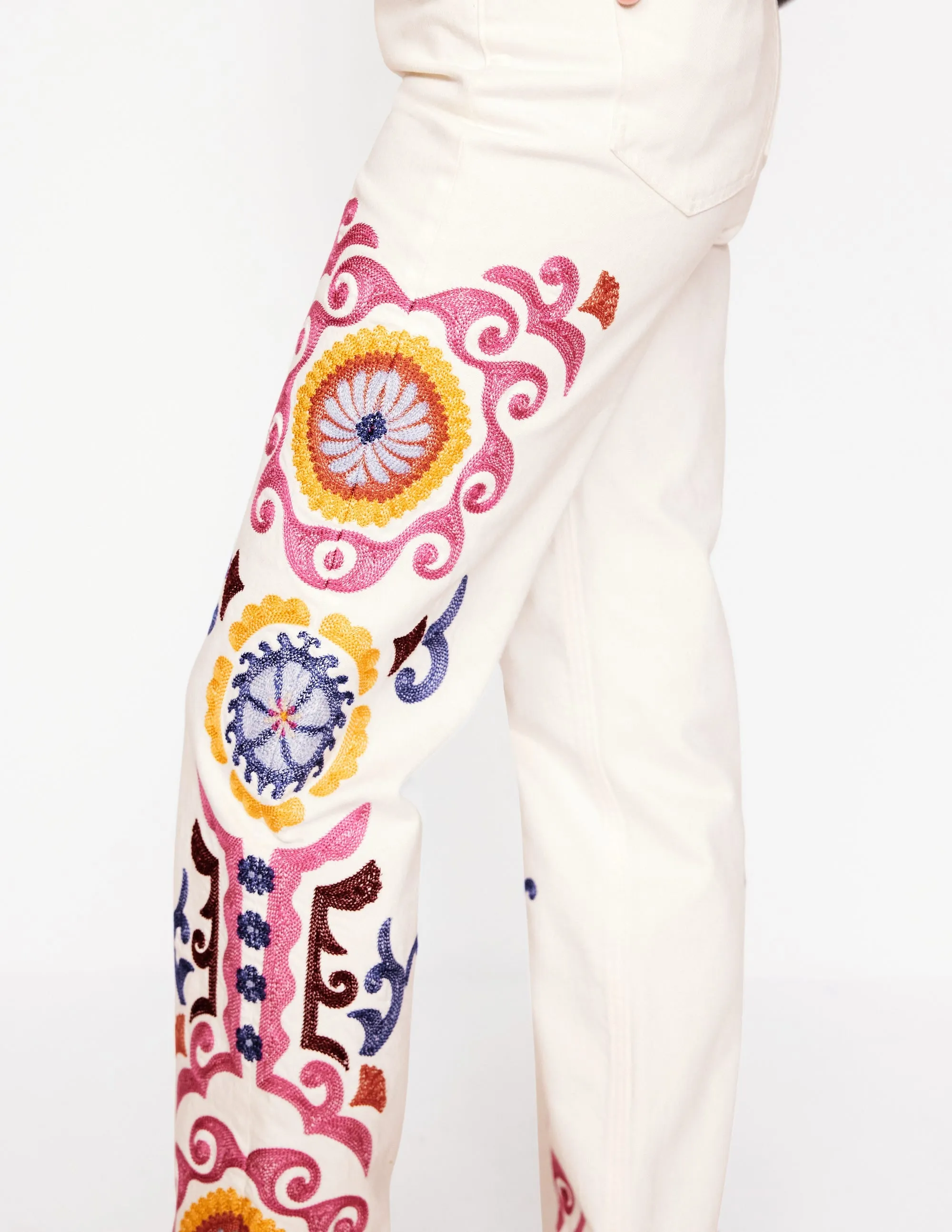 High Rise Embroidered Jeans-White Embroidery