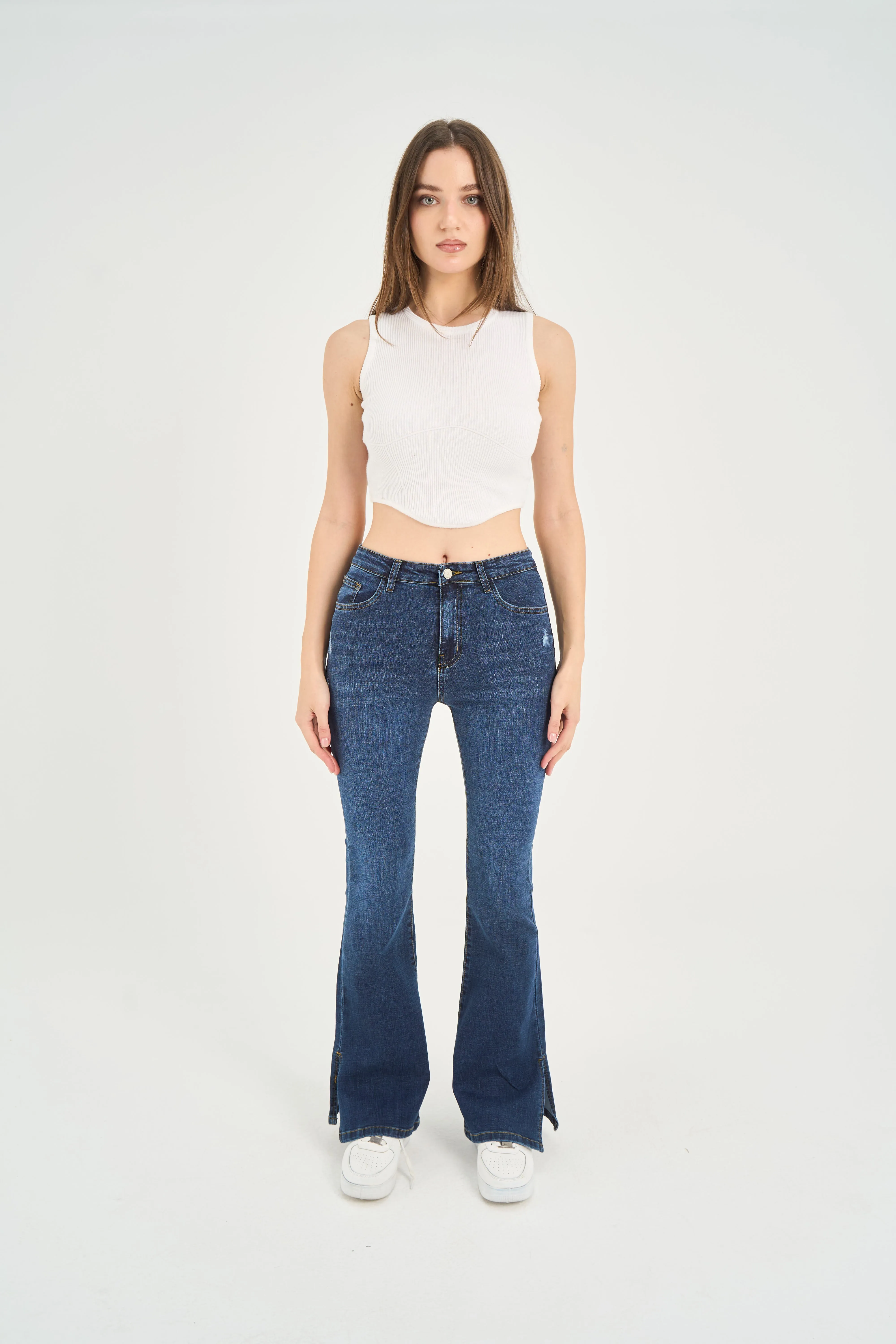 High-Waist Dark Blue Split Hem Flare Jeans