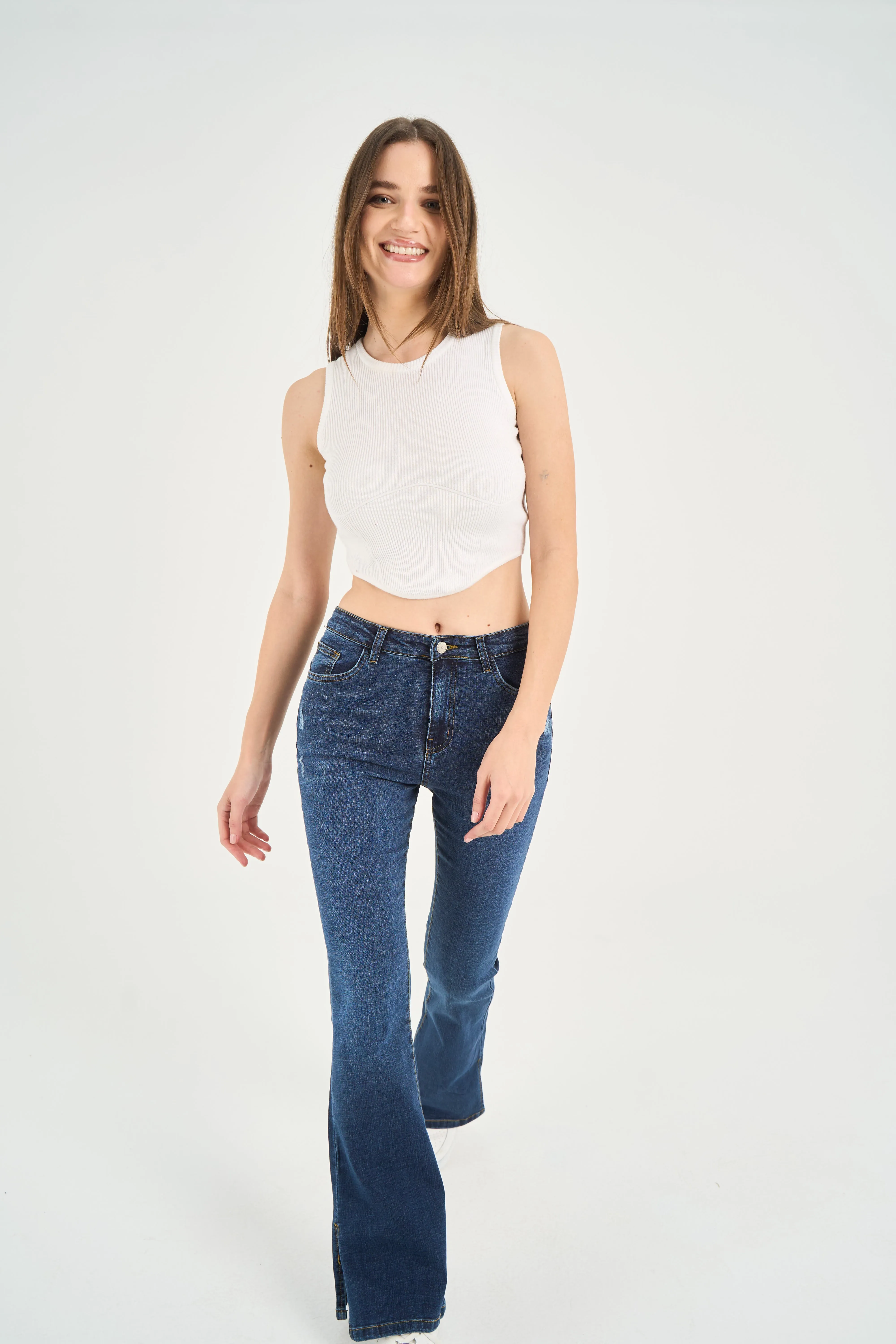 High-Waist Dark Blue Split Hem Flare Jeans
