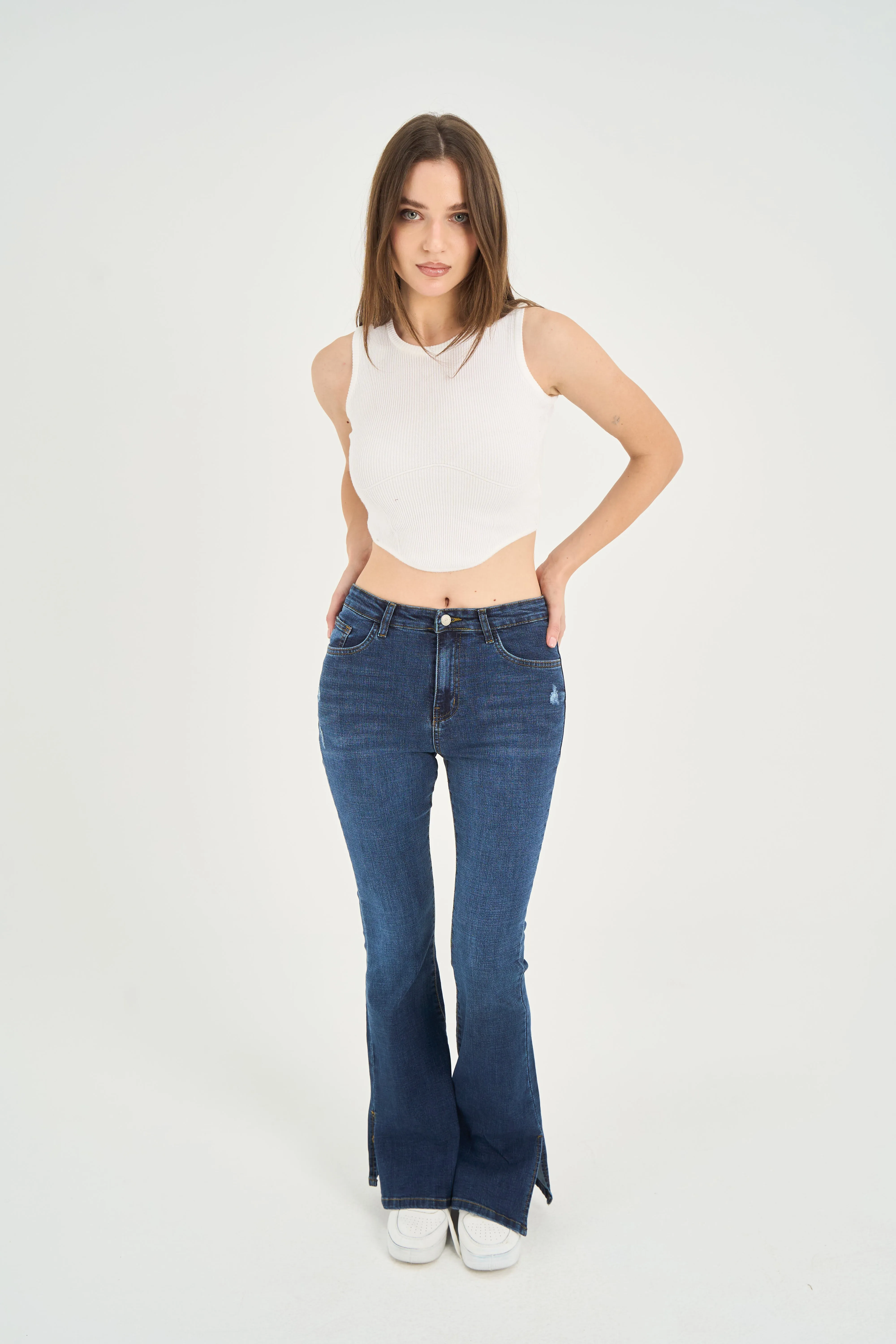 High-Waist Dark Blue Split Hem Flare Jeans