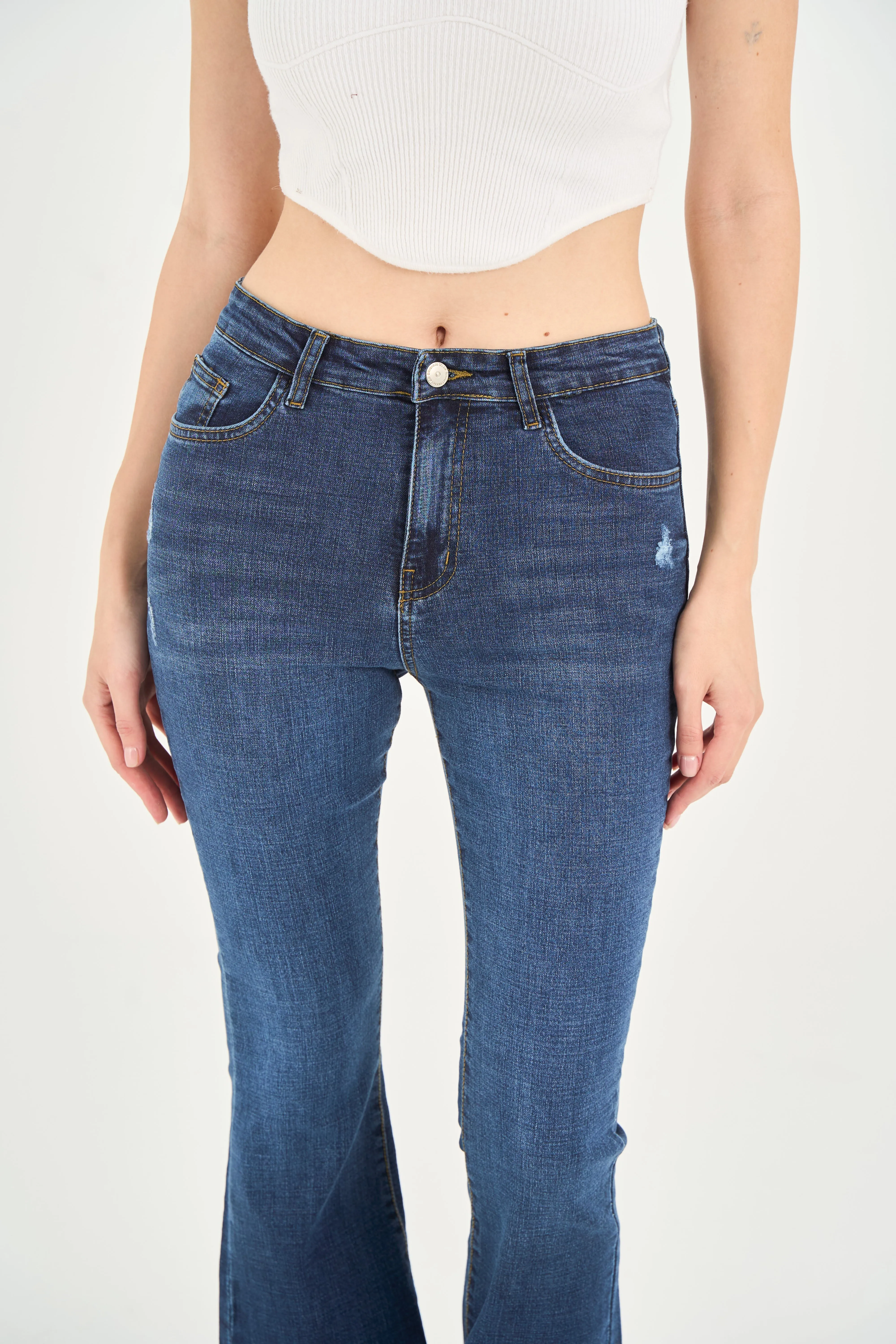 High-Waist Dark Blue Split Hem Flare Jeans