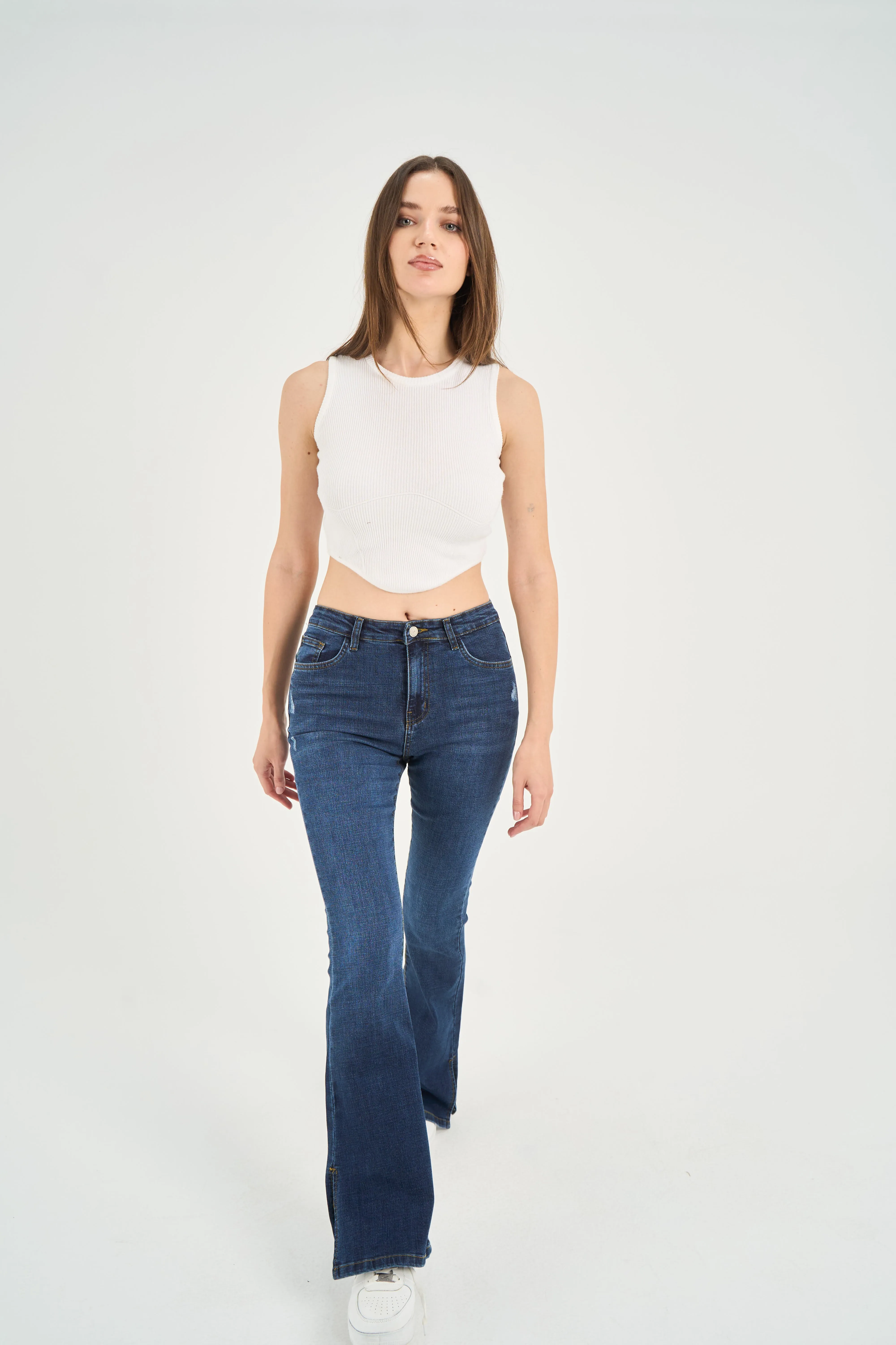 High-Waist Dark Blue Split Hem Flare Jeans