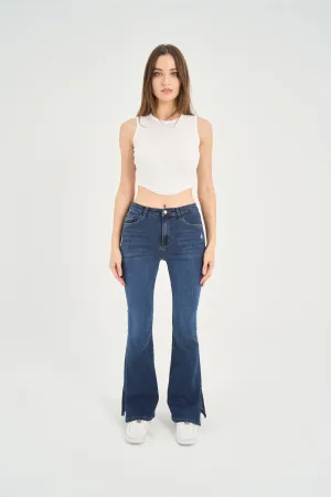High-Waist Dark Blue Split Hem Flare Jeans