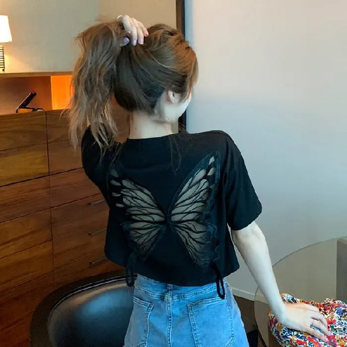 Hollowed Out Butterfly Short T-shirt