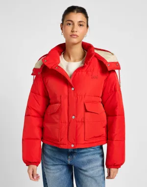 Lee Women's Hooded Short Puffer Jacket In True Red