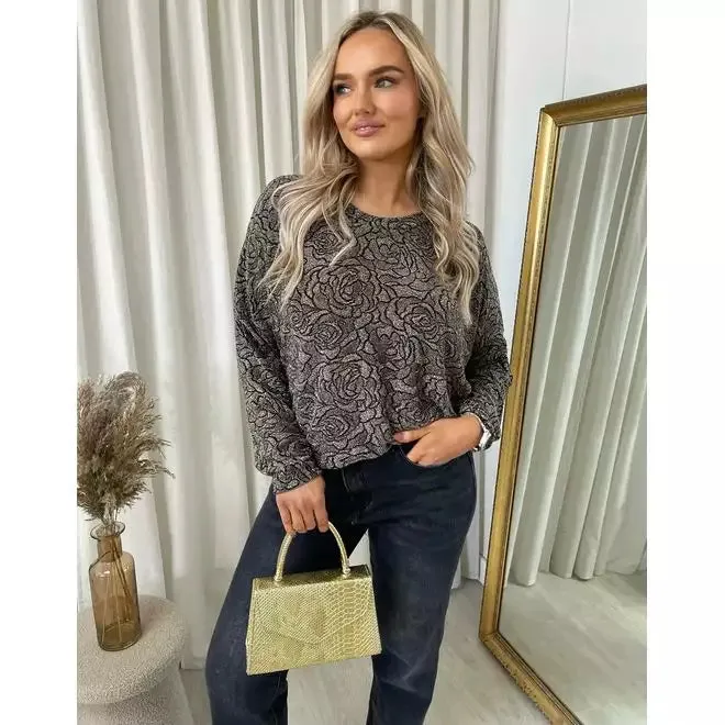 Long Sleeve Glitter Floral Pattern Top
