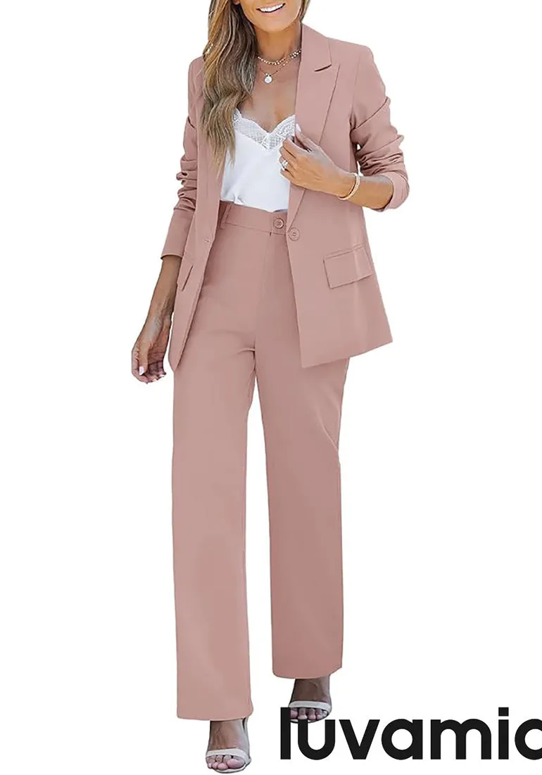 luvamia 2 Piece Outfits for Women Dressy Blazer Jackets High Waisted Straight Leg Pants Suits Set Business Casual Office