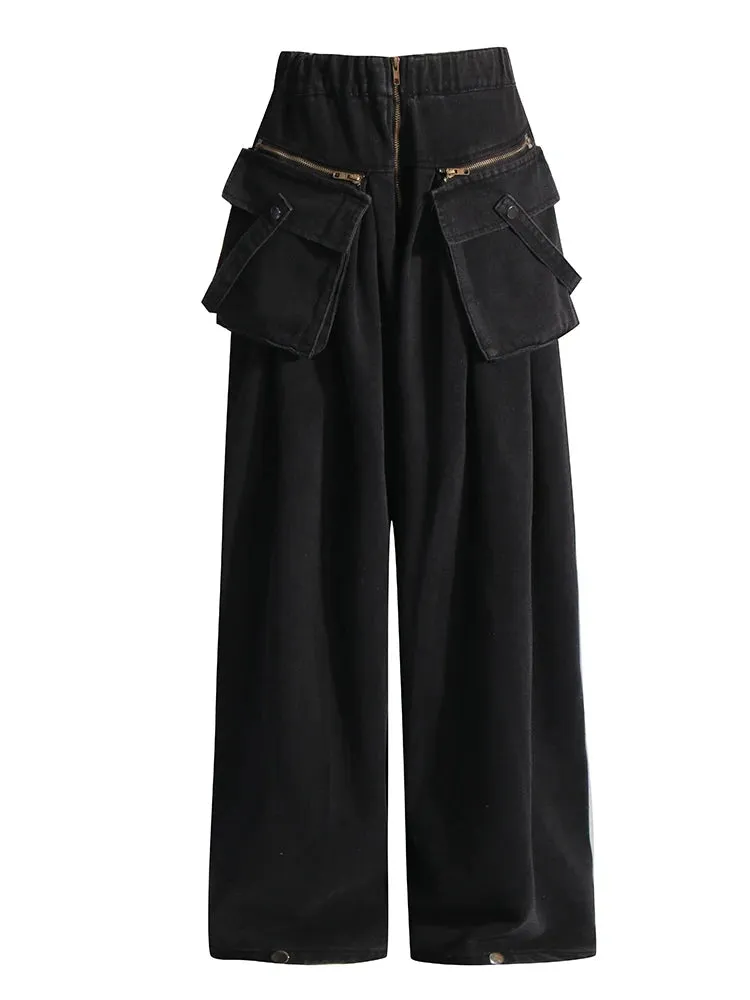 Maxi Pocket Dark Grey Wide-Leg Jeans with Vintage Zipper