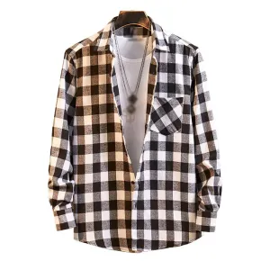 Men's Casual Flannel Plaid Lapel Long Sleeve Shirt 95681855M