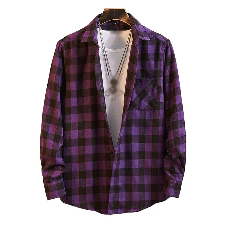 Men's Casual Flannel Plaid Lapel Long Sleeve Shirt 95681855M