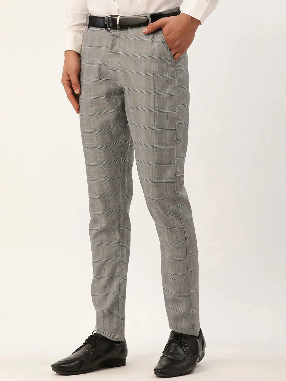 Men'S Grey Window Checked Formal Trousers