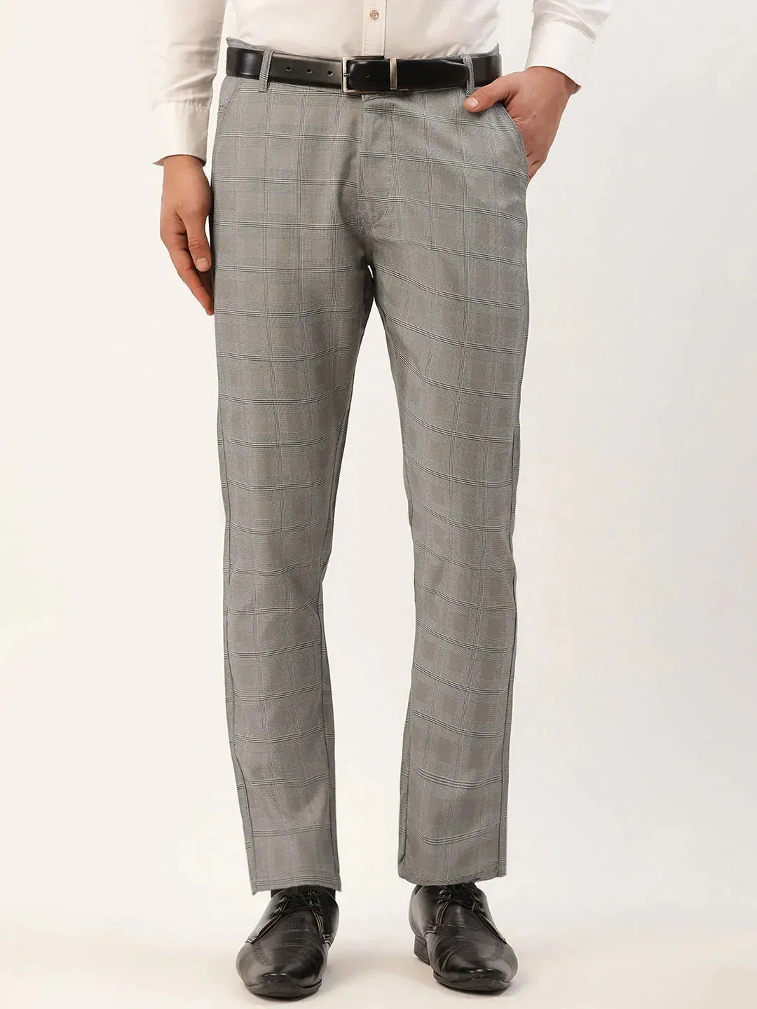 Men'S Grey Window Checked Formal Trousers