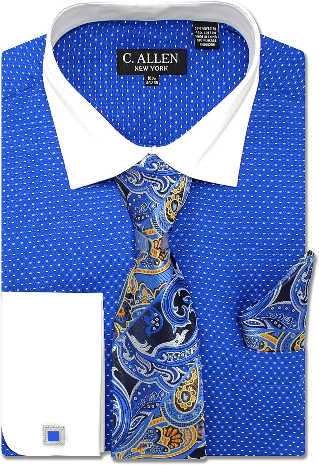 Men's Pin Dot Pattern Regular Fit French Cuffs Dress Shirts with Tie Hanky Cufflinks Combo