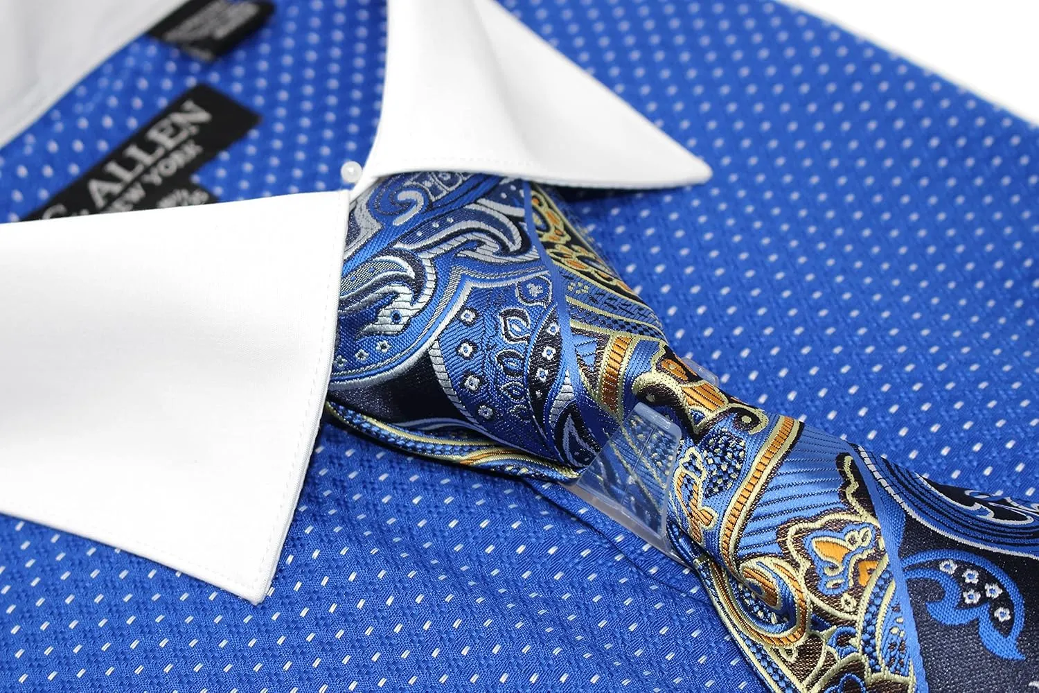 Men's Pin Dot Pattern Regular Fit French Cuffs Dress Shirts with Tie Hanky Cufflinks Combo