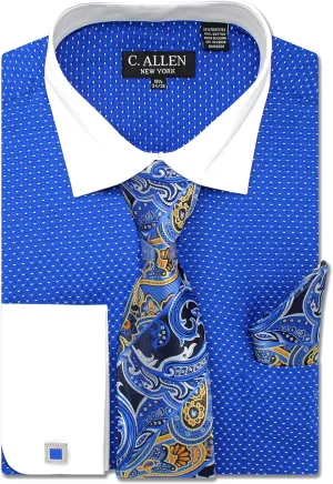 Men's Pin Dot Pattern Regular Fit French Cuffs Dress Shirts with Tie Hanky Cufflinks Combo