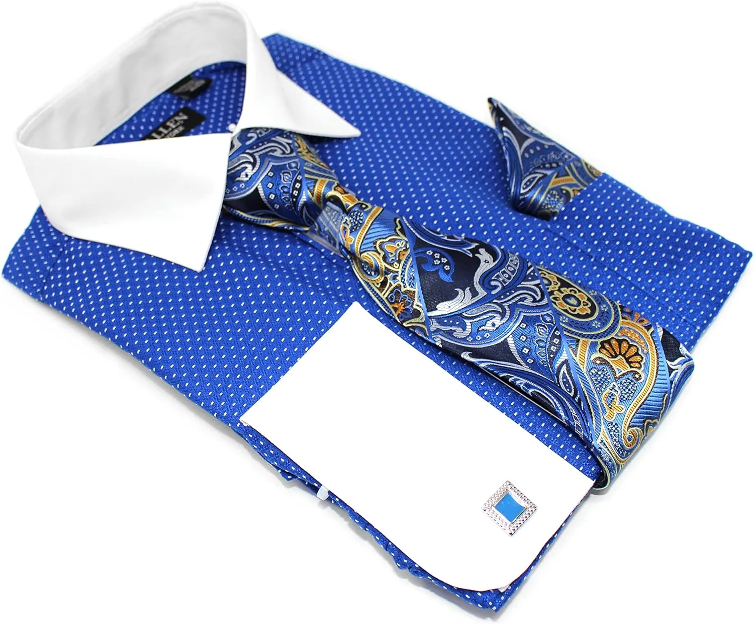 Men's Pin Dot Pattern Regular Fit French Cuffs Dress Shirts with Tie Hanky Cufflinks Combo