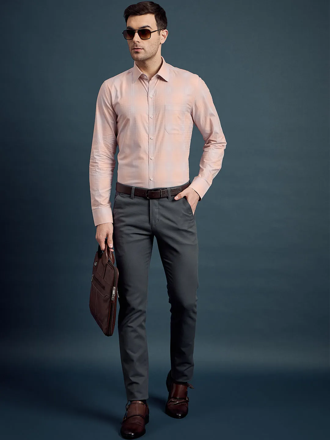Men's Regular Fit Checkered Pale Orange Formal Shirt