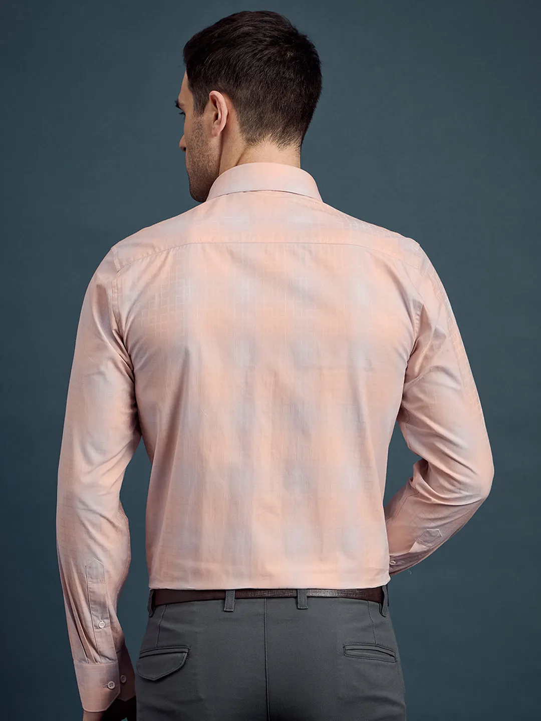 Men's Regular Fit Checkered Pale Orange Formal Shirt