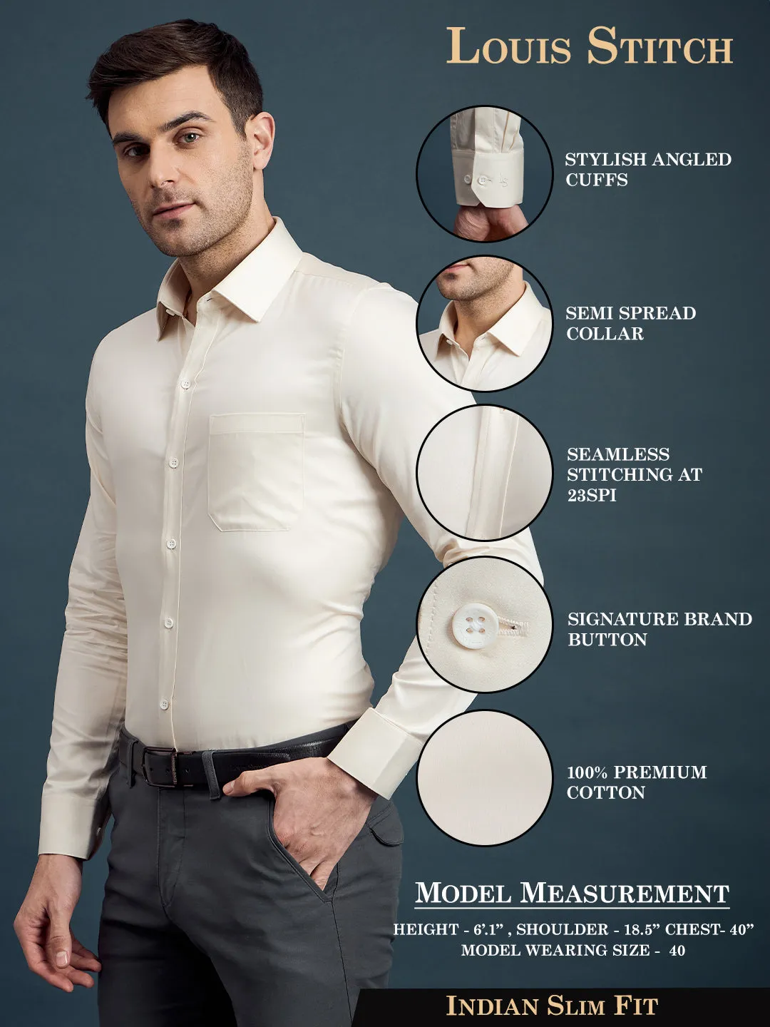 Men's Slim Fit  Solid Ivory Formal Shirt