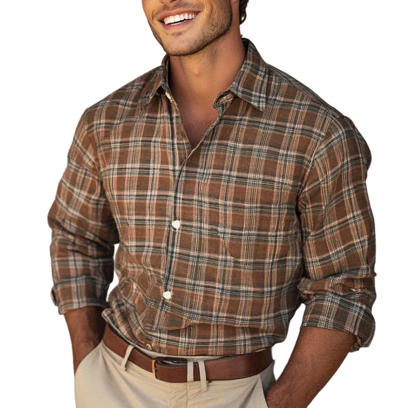 Men's Vintage Khaki Plaid Long Sleeve Shirt 42618537U