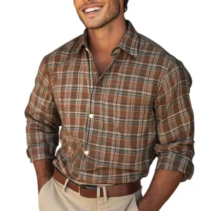 Men's Vintage Khaki Plaid Long Sleeve Shirt 42618537U