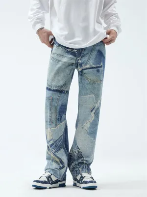 Men's Vintage Personality Contrast Color Patch Durable Jeans
